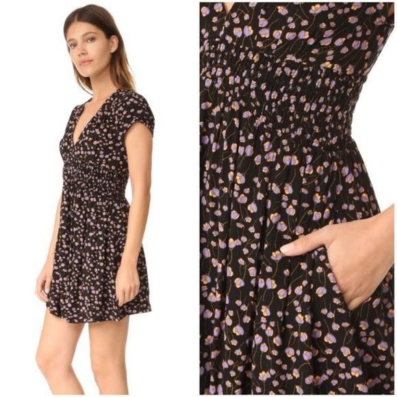Free People "Pretty Baby" Mini Dress Black Floral V-Neck Cut-Out Back Elastic Wa - Picture 4 of 11
